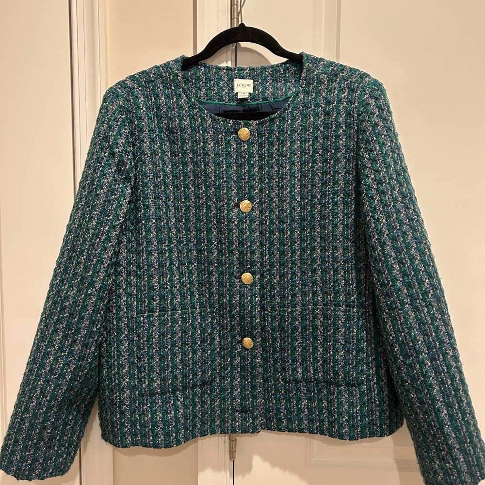 J. Crew Teal Tweed Blazer with Gold Buttons